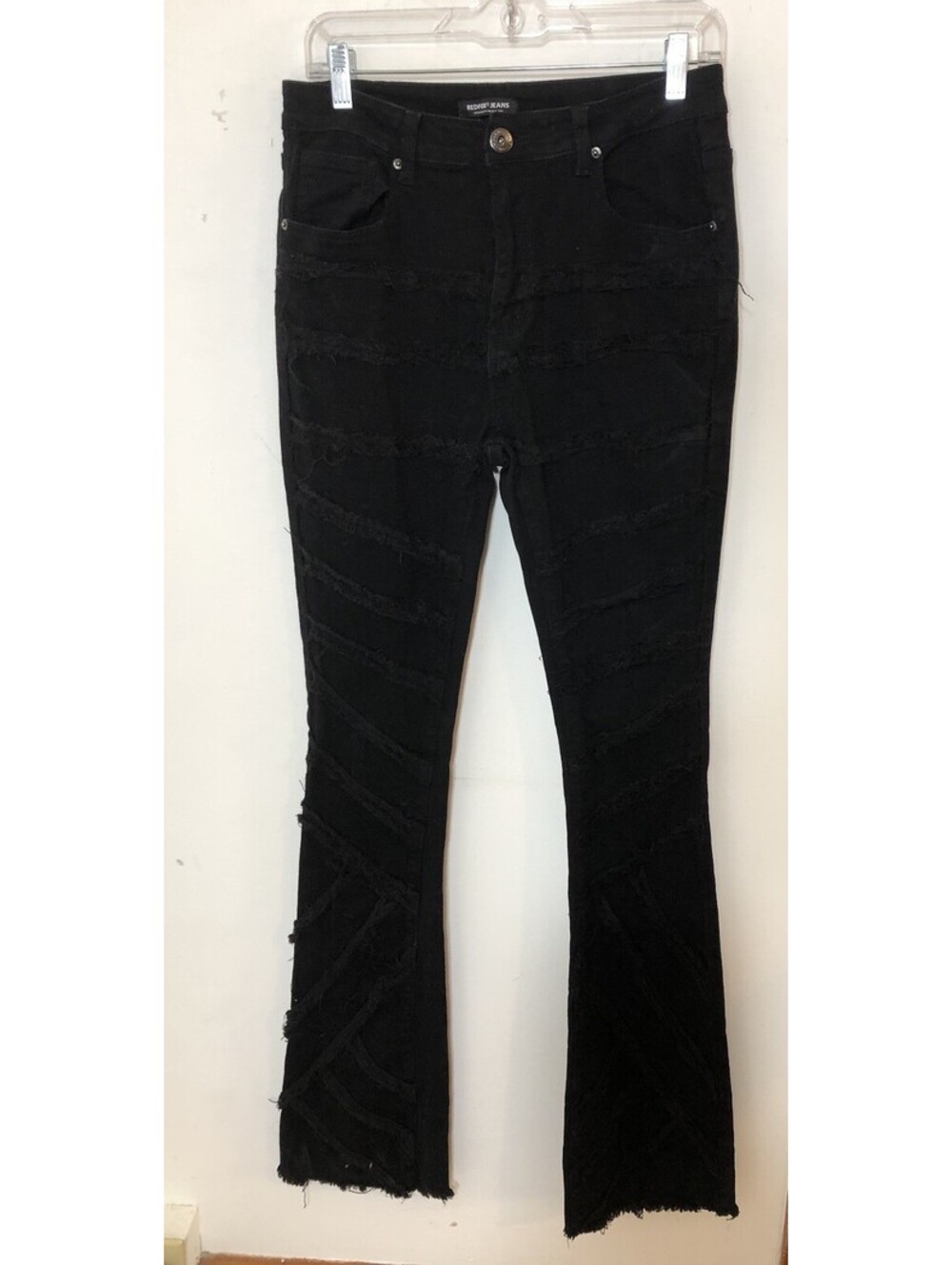 Redfox Juniors Large Black Stacked Frayed Jeans Flared Long Tall Raw Hem